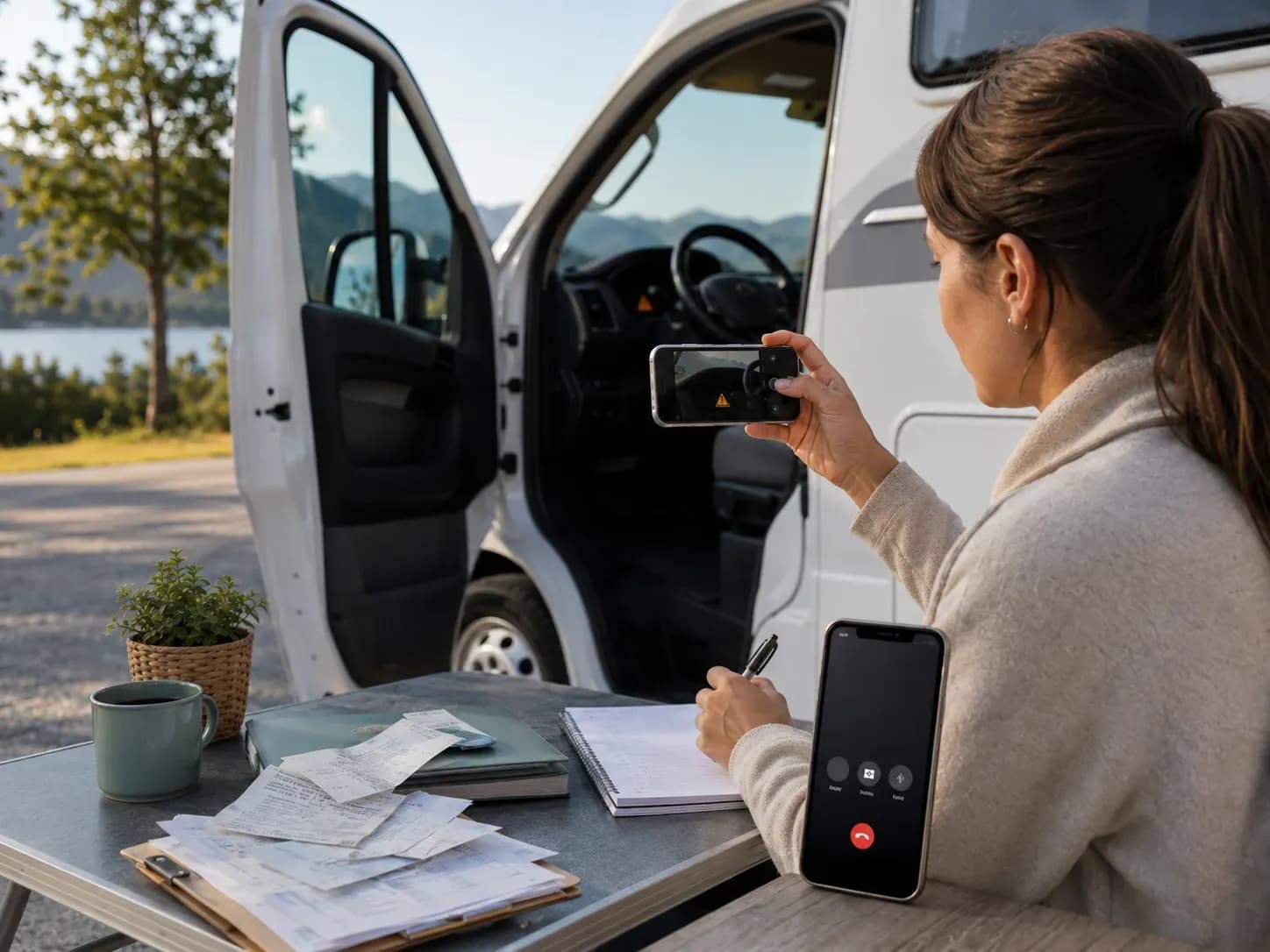 Reisende dokumentiert einen technischen Mangel am gemieteten Camper mit dem Smartphone und notiert die Details am Tisch neben dem Fahrzeug.