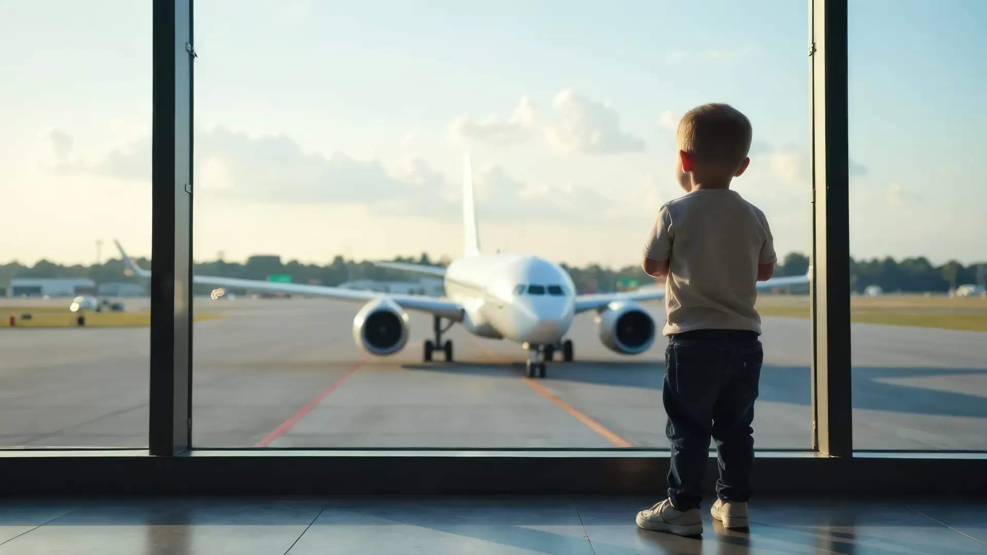 Kind steht am Flugahfen und schaut auf ein Flugzeug