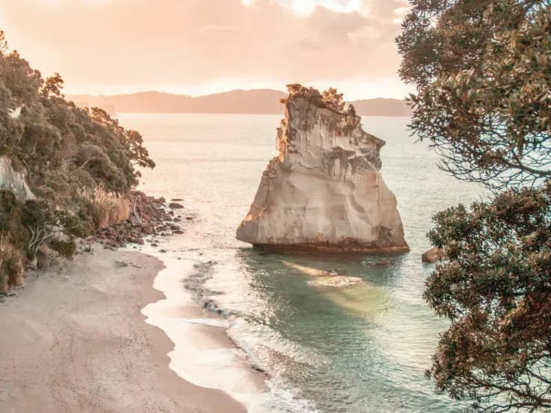 Neuseeland Cathedral Cove Coromandel Fels Strand Foto Meer Brandung Strand als einer der Sehenswürdigkeiten in Neuseeland