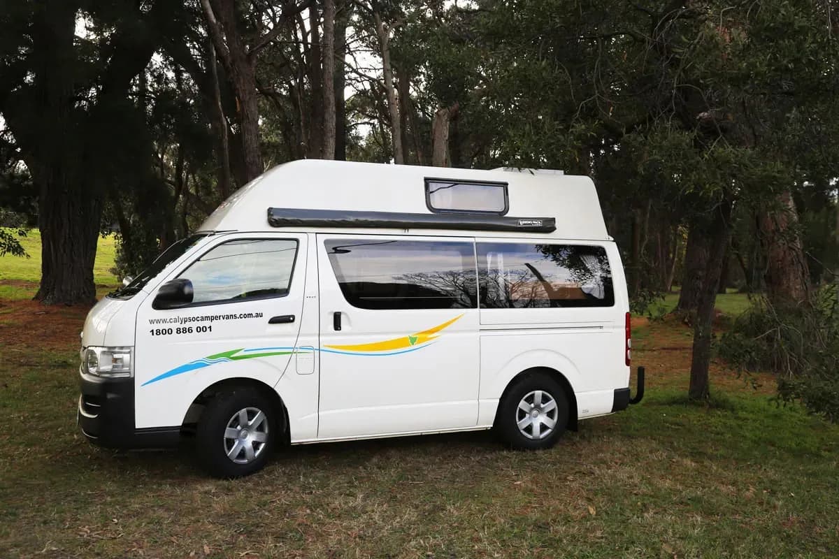 Camper vor Wald stehend
