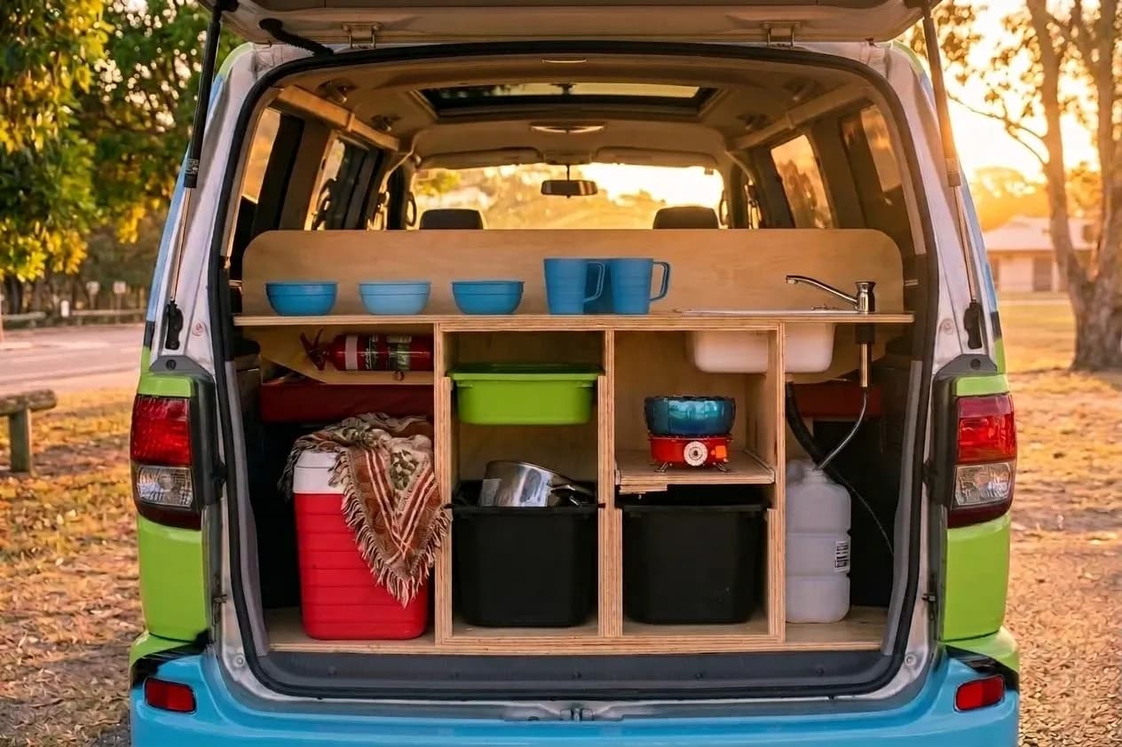 Australien, Campervan Village, Mystery Machine 3 Rooftop Tent, küche heck