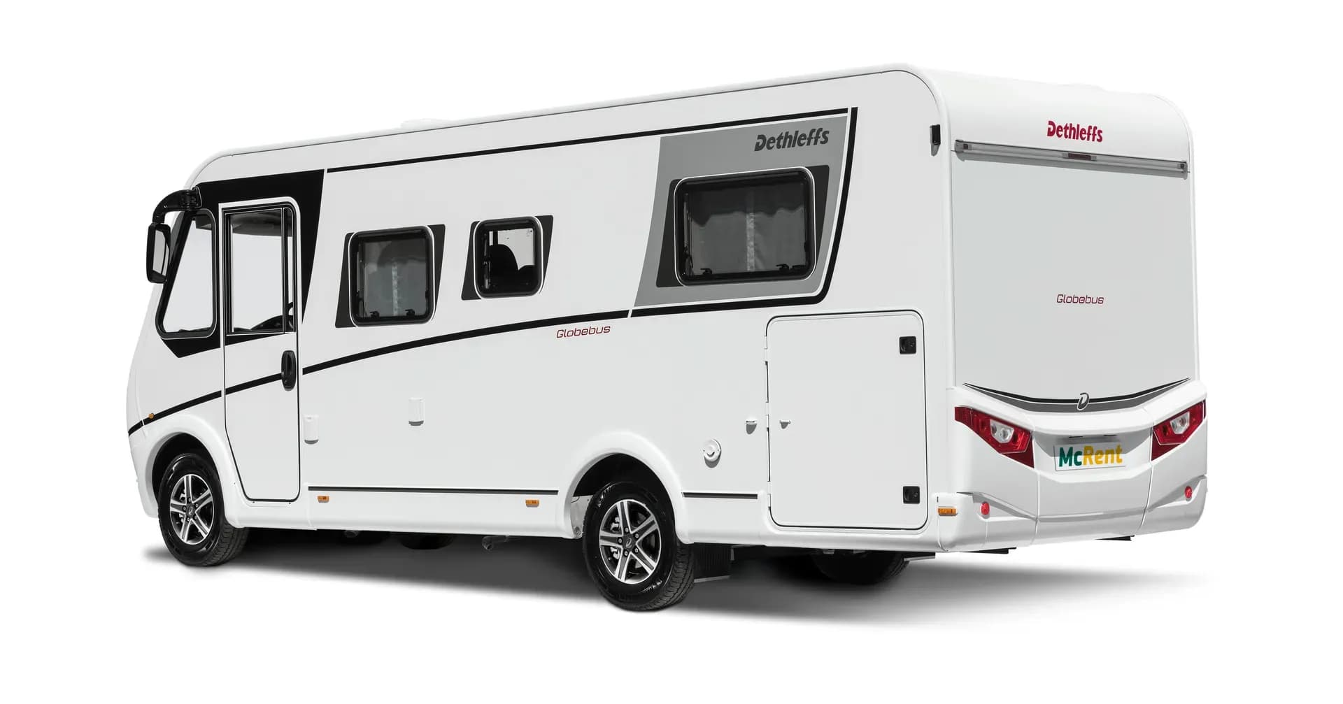 McRent, Compact Luxury, Premium Wohnmobil für Familien, Europa, Deutschland, Außenansicht weiß von hinten, Wohnmobile günstig mieten