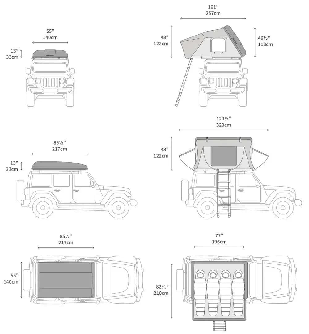 Maßzeichnung des Rent.is Jeep Wrangler 4xe mit Dachzelt