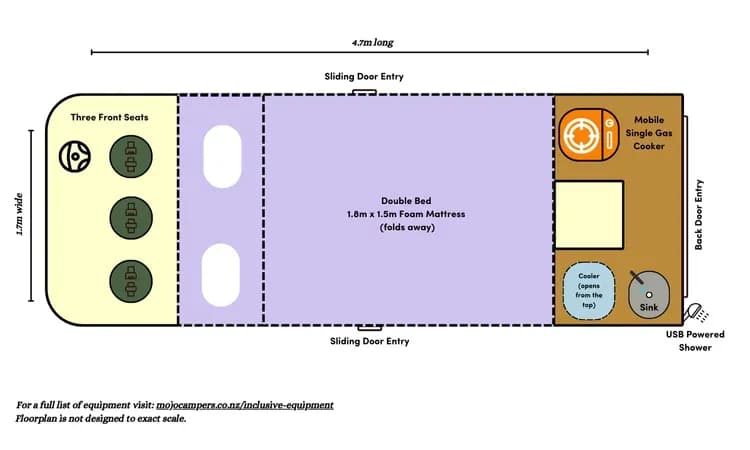 Neuseeland, Mojo Campers, Flow Medium Roof, Floorplan Nacht