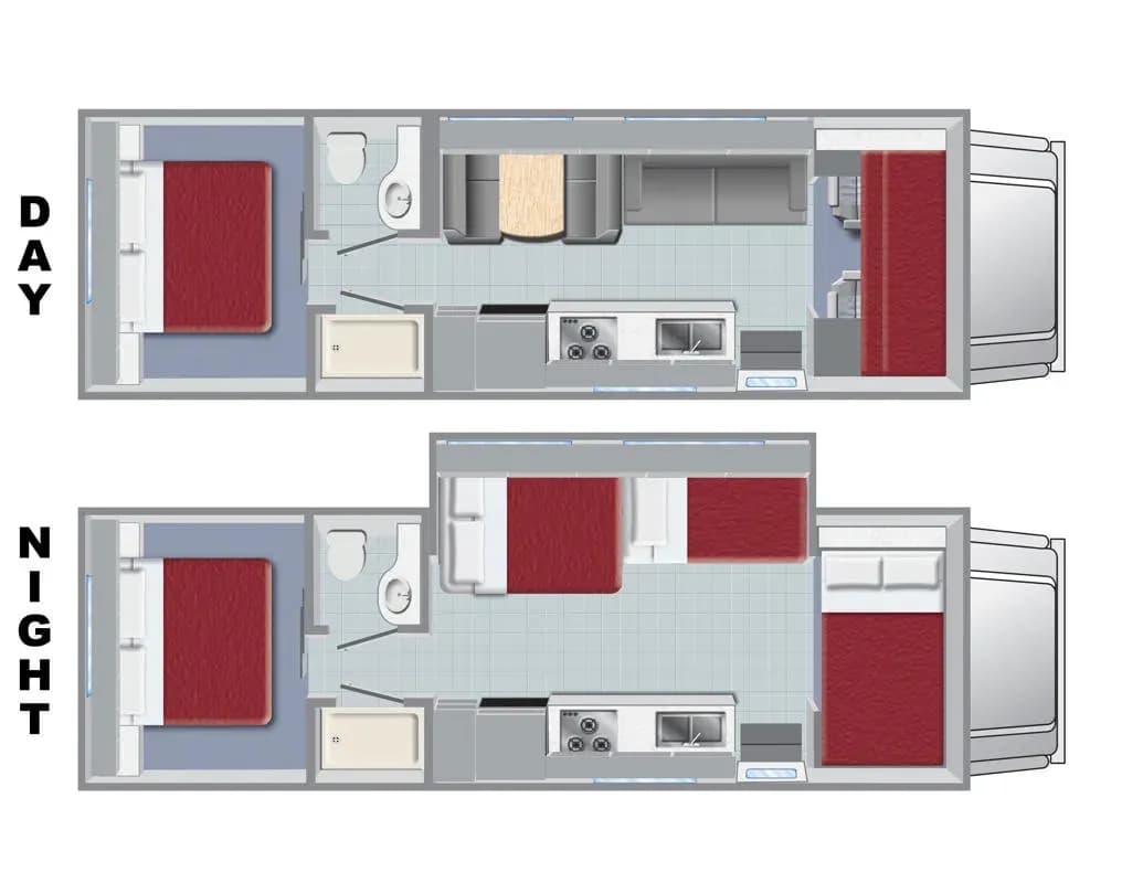 Class C Family Sleeper FS Layout Tag und Nacht, El Monte RV USA Camper Grundriss