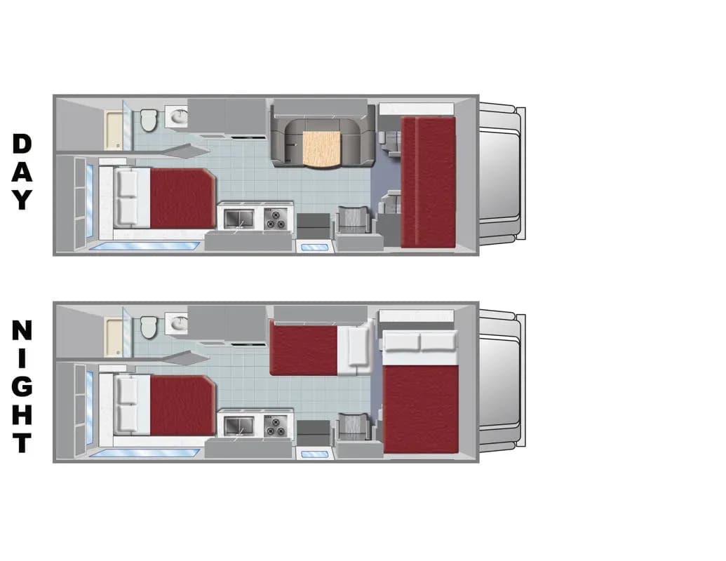 Class C Medium D Layout Tag und Nacht, El Monte RV USA, Camper Grundriss