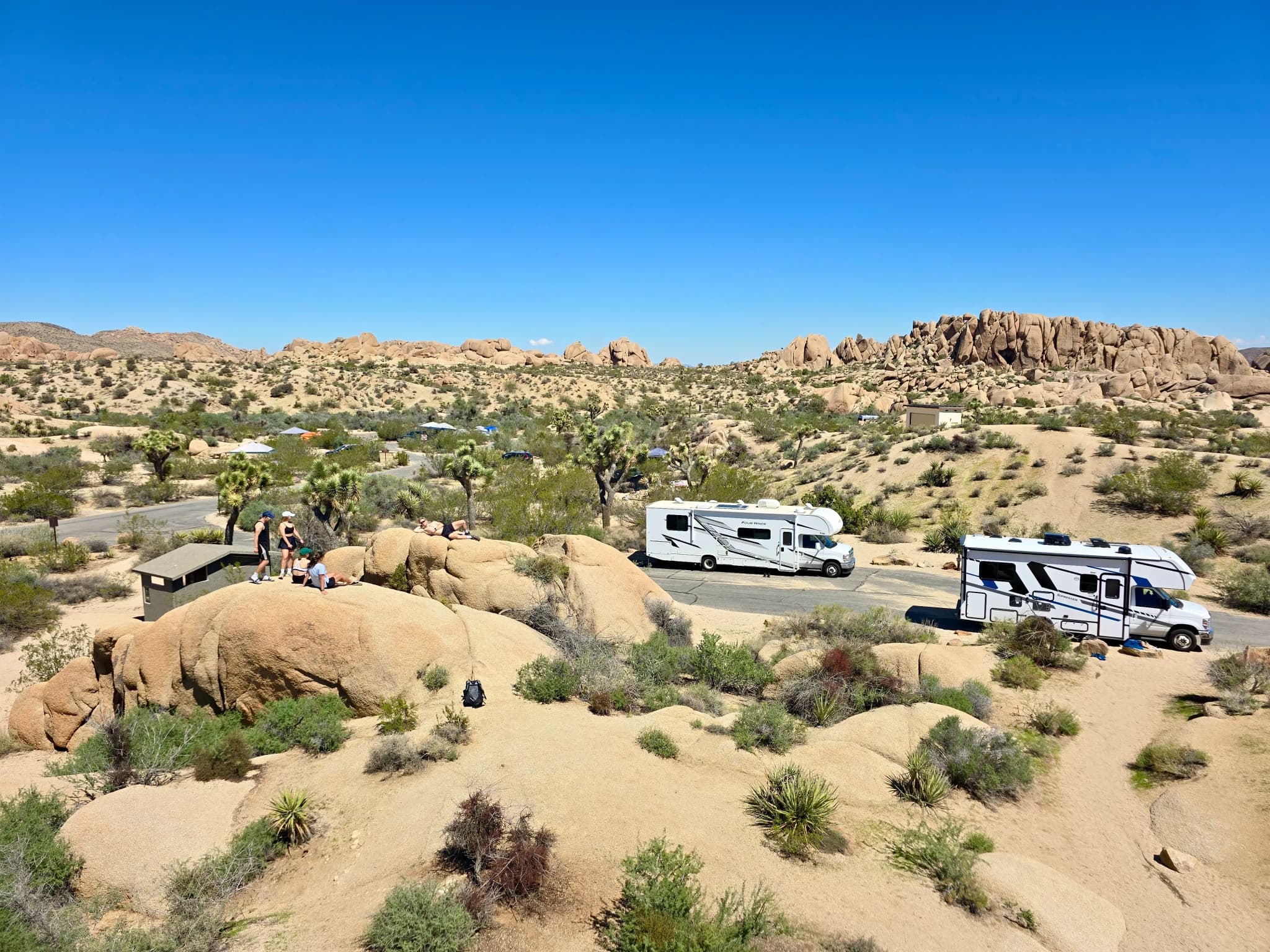 Camper im Joshua Tree National Park mit Blick auf die typische Wüstenlandschaft, Joshua Trees und markante Felsformationen